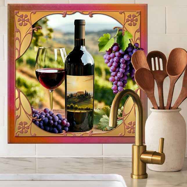 Azulejo Italian Wine Themed Tuscan Ceramic Tile (Tile featuring a classic design with a bottle of wine and Italian landscape scenes and grapes)