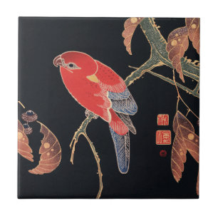 Azulejo Ito Jakuchu Loro Rojo en la Rama Arte Japonés