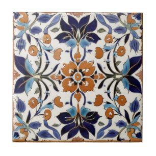 Azulejo Iznik Naranja de cosecha turca Floral azul negro