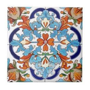 Azulejo Iznik Naranja floral turco Flor azul roja