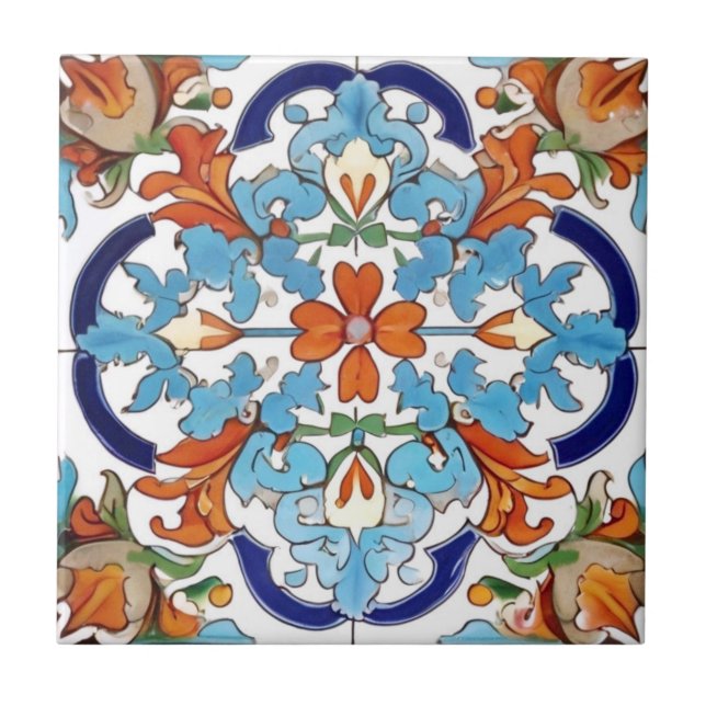 Azulejo Iznik Naranja floral turco Flor azul roja (Frente)
