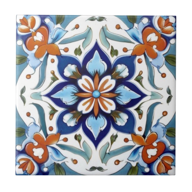 Azulejo Iznik Naranja tradicional turco Flor azul rojo (Frente)