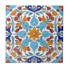 Azulejo Iznik Naranja turco Floral azul turquesa roja