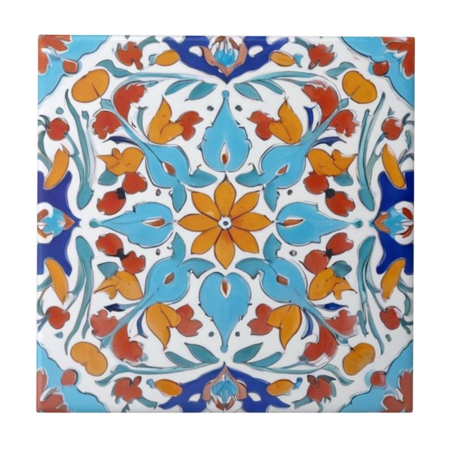 Azulejo Iznik Naranja turco Floral azul turquesa roja (Frente)