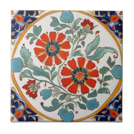 Azulejo Iznik Turcas Flores Rojas Naranja Azul Crema Verde