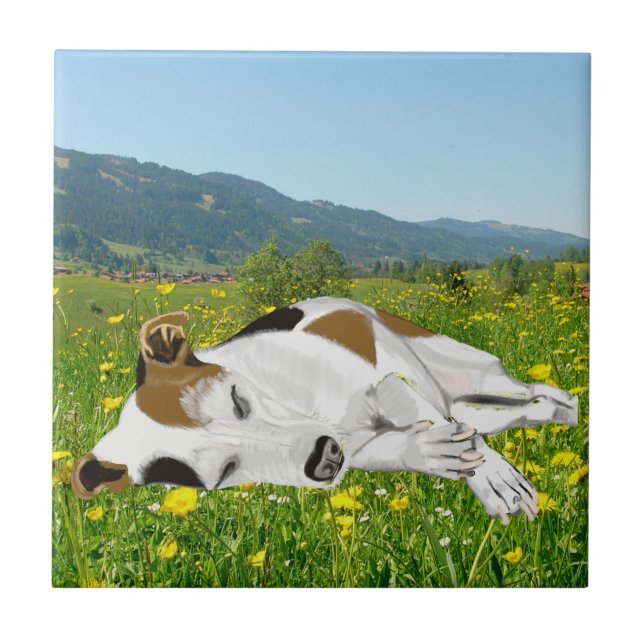 Azulejo Jack Russell durmiente en una pradera de flores (Frente)
