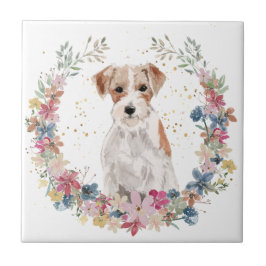 Azulejo Jack Russell Terrier Spring Flowers Wreath