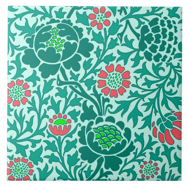Azulejo Jacobean Floral , Turquesa, Aqua y Coral (Frente)