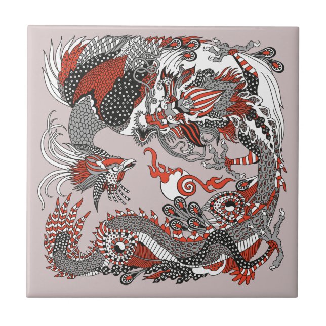 Azulejo Jade Dragon y Gold Phoenix jugando con una perla  (Frente)