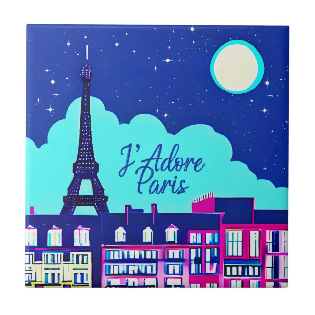 Azulejo J'adore Paris - Fantasía en París bajo una luna ll (Frente)