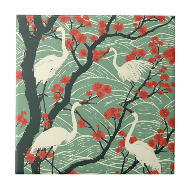 Azulejo Japanese Crane and Cherry Blossom - Oriental Art (Frente)