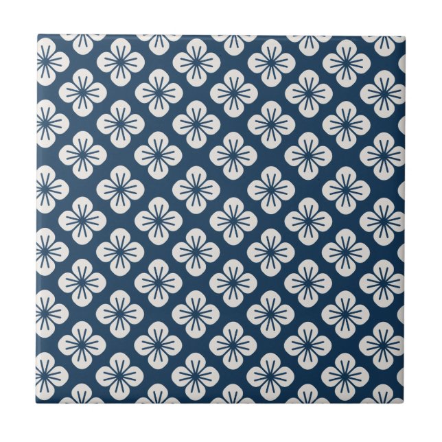 Azulejo Japanese Navy Blue Ivory Floral Geometric Pattern (Frente)