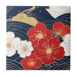 Azulejo Japanese Waves and Blossoms Ceramic Tile - Piece 1