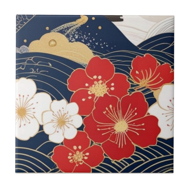 Azulejo Japanese Waves and Blossoms Ceramic Tile - Piece 1 (Frente)