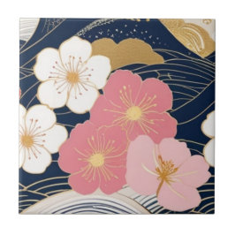 Azulejo Japanese Waves and Blossoms Ceramic Tile - Piece 3