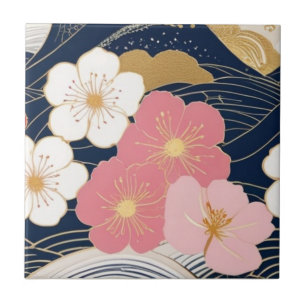 Azulejo Japanese Waves and Blossoms Ceramic Tile - Piece 3