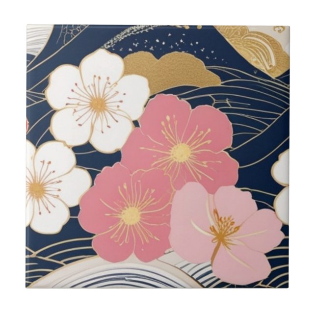 Azulejo Japanese Waves and Blossoms Ceramic Tile - Piece 3 (Frente)