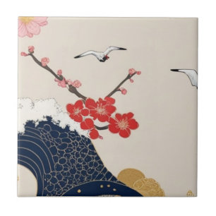 Azulejo Japanese Waves and Blossoms Ceramic Tile - Piece 4