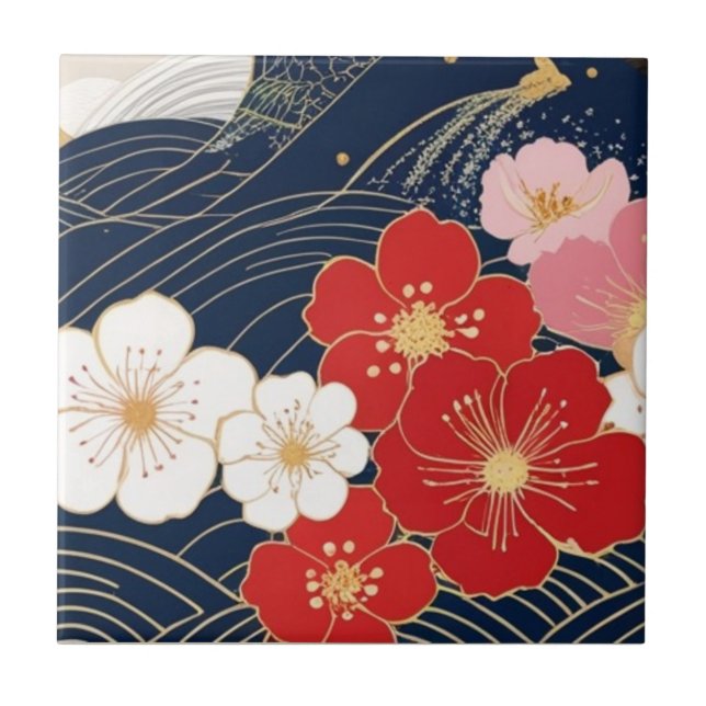 Azulejo Japanese Waves and Blossoms Ceramic Tile - Piece 5 (Frente)