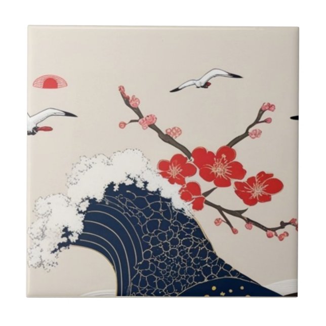 Azulejo Japanese Waves and Blossoms Ceramic Tile - Piece 6 (Frente)
