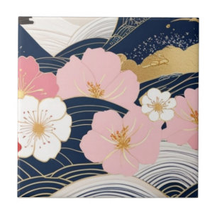 Azulejo Japanese Waves and Blossoms Ceramic Tile - Piece 7