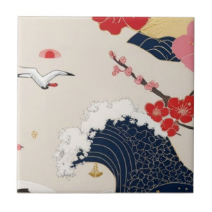 Azulejo Japanese Waves and Blossoms Ceramic Tile - Piece 8