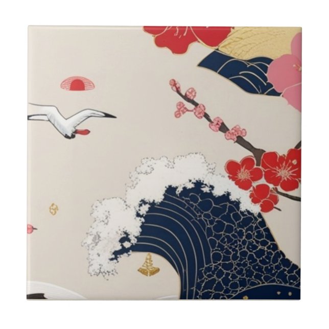 Azulejo Japanese Waves and Blossoms Ceramic Tile - Piece 8 (Frente)