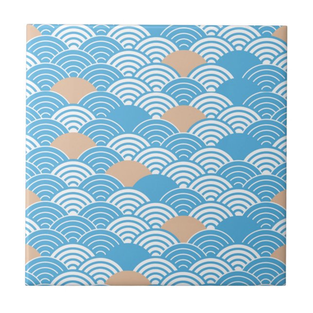 Azulejo Japanese Waves Pattern Light Blue Beige White (Frente)