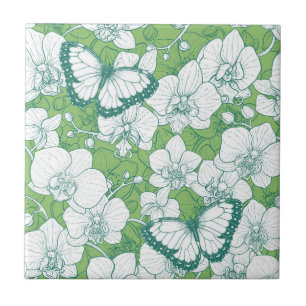 Azulejo Jardín Botánico de Orquídeas con Mariposas en verd