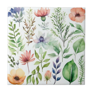 Azulejo Jardín Botánico Floral de Acuarela Blanca