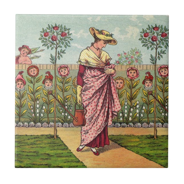 Azulejo Jardín Crecer Flor Mujer Arte Antiguo (Frente)