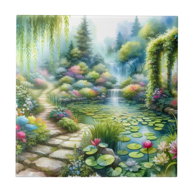 Azulejo Jardín de cascada encantada estanque de lirios (Frente)