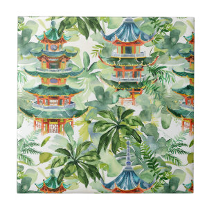 Azulejo Jardín de Cottage Pagoda de Coral Acuarela