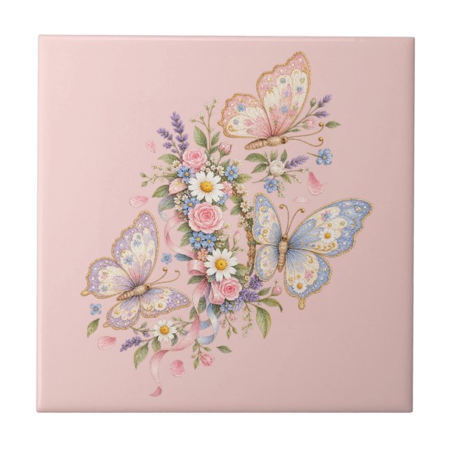 Azulejo Jardín de Cumpleaños de Mariposa Pastel  (Frente)
