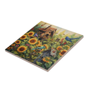 Azulejo Jardín de Girasoles 10 Casas para Pájaros Pájaros
