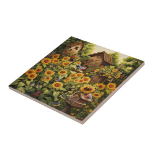 Azulejo Jardín de Girasoles 12 Casas para Pájaros Azules