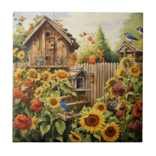 Azulejo Jardín de Girasoles 2 Casas de Pájaros Pájaros Azu