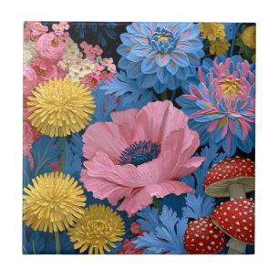 Azulejo Jardín de hongos florales en rosa y azul