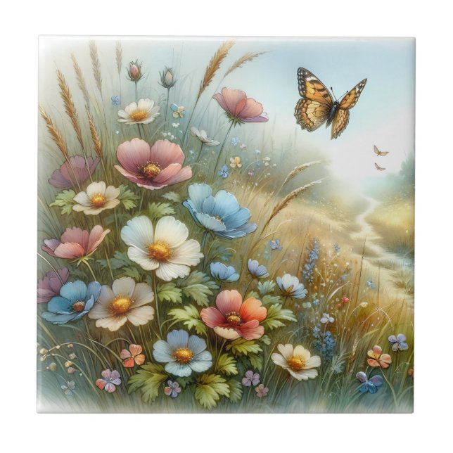 Azulejo Jardín de Mariposas del Prado de Flores Silvestres (Frente)