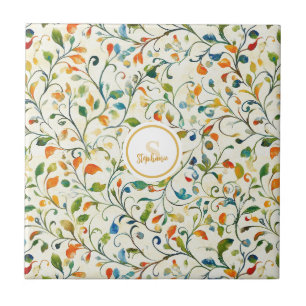Azulejo Jardín europeo de naranja verde acuarela
