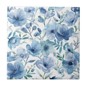 Azulejo Jardín floral acuarela botánica azul