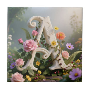 Azulejo Jardín Floral Blanco con Monograma Letra A