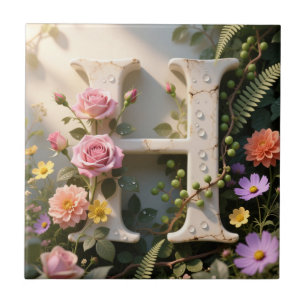 Azulejo Jardín Floral Blanco con Monograma Letra H