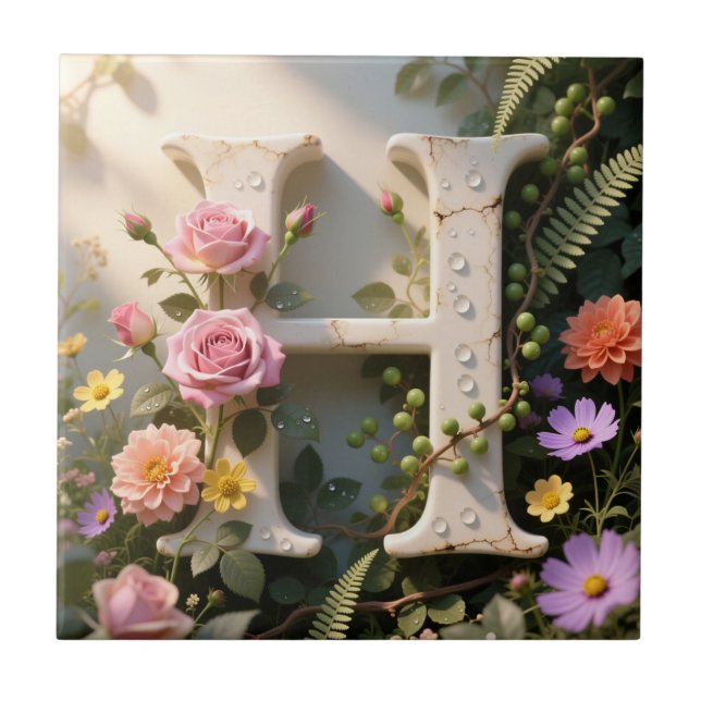 Azulejo Jardín Floral Blanco con Monograma Letra H (Frente)