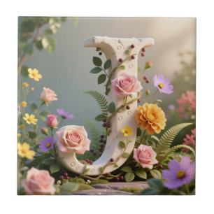 Azulejo Jardín Floral Blanco con Monograma Letra J