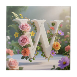 Azulejo Jardín Floral Blanco con Monograma Letra W