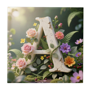 Azulejo Jardín Floral Blanco Monograma Letra A