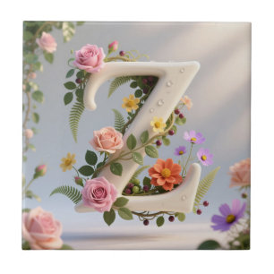 Azulejo Jardín Floral Blanco Monograma Letra Z