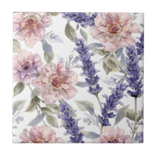 Azulejo Jardín Floral de Acuarela de Peonía Lavanda