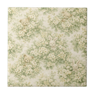 Azulejo Jardín Floral de Conejo y Oso Patrón Verde Neutral